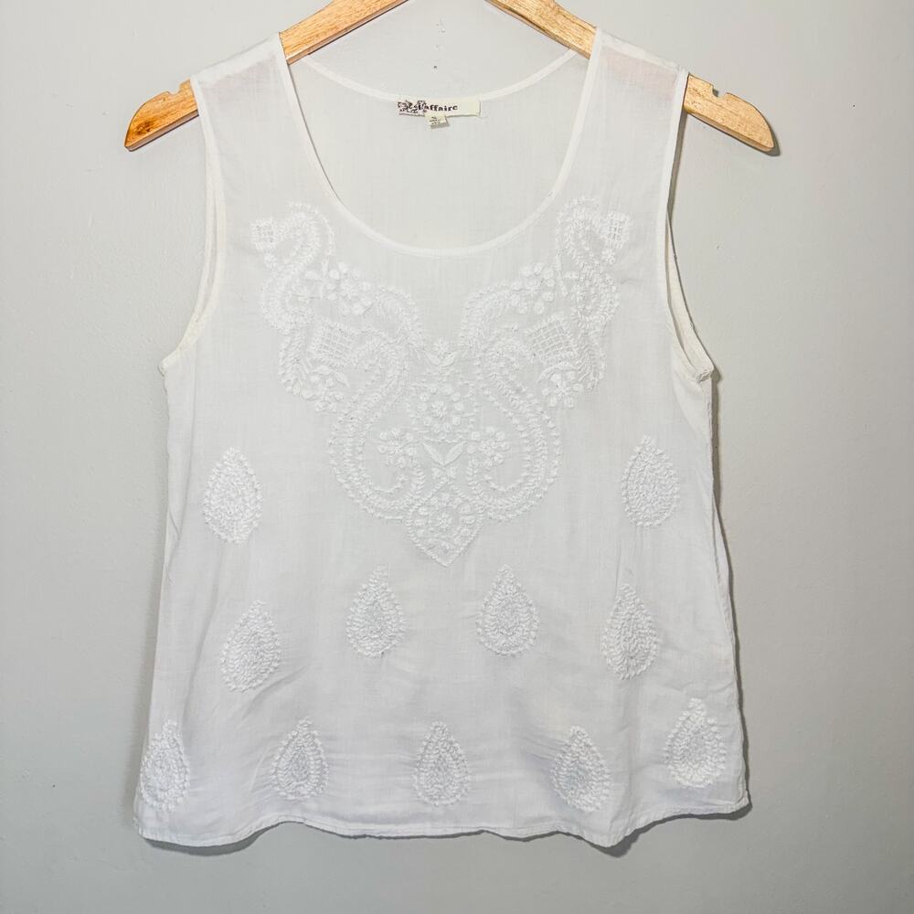 Vintage 90s L'Affaire White Cotton Embroidered Tank Top Eyelet Boho Blouse Small